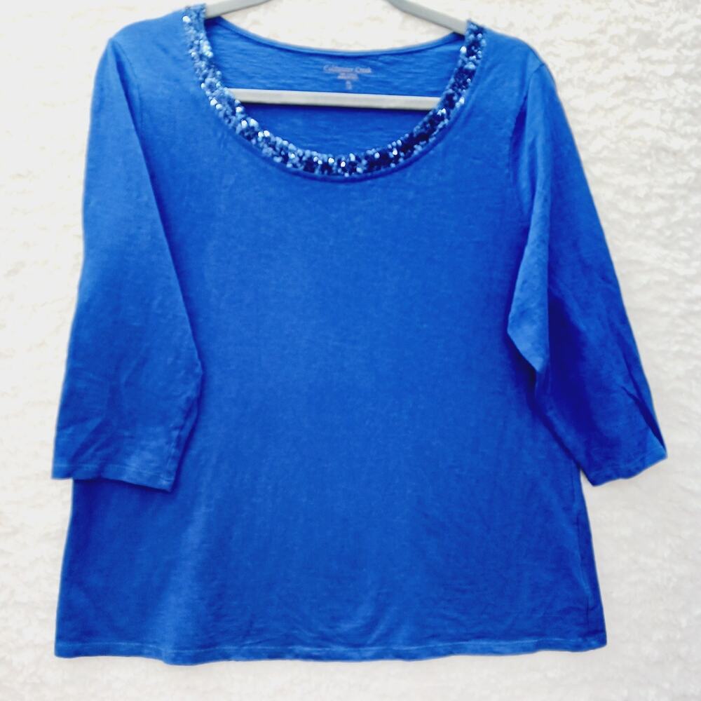 T-Shirt Women Royal Blue Embellished Glam Sequins Minimalist Dressy Casual Sz XL